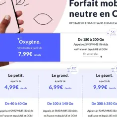 Main d'une personne tenant un smartphone affichant des forfaits mobiles avec des prix et des données.